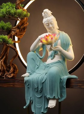 陶瓷水月自在观音佛像工艺品新中式禅意灯圈摆件客厅玄关家居装饰