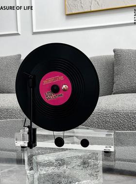 现代复古装饰水晶黑胶唱片机摆件样板间软装家居客厅书房玄关饰品
