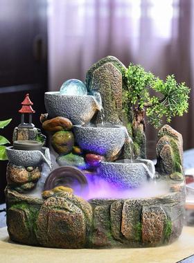 高山流水假山喷泉景观水车循环水景招财客厅桌面风水轮转运球摆件