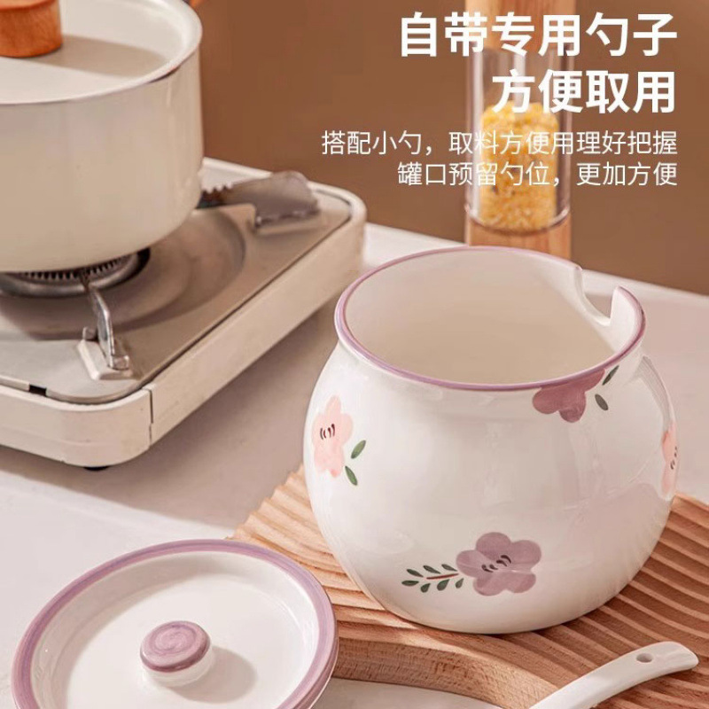日式双耳陶瓷家用猪油罐带盖耐高温油泼辣子罐调料罐大容量釉下彩 - 图3