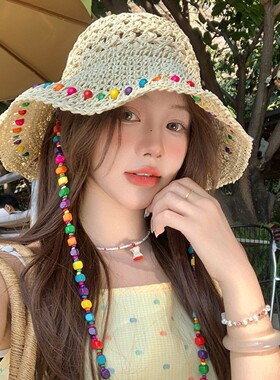 彩珠草帽夏大檐草编渔夫帽帽子海边沙滩防晒遮阳海边帽子春天