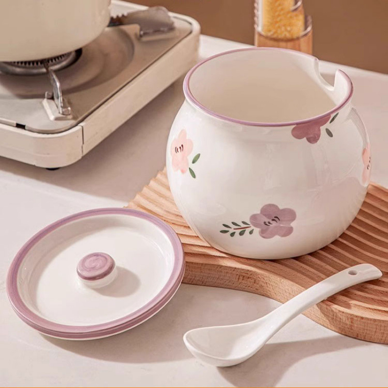 日式双耳陶瓷家用猪油罐带盖耐高温油泼辣子罐调料罐大容量釉下彩 - 图1