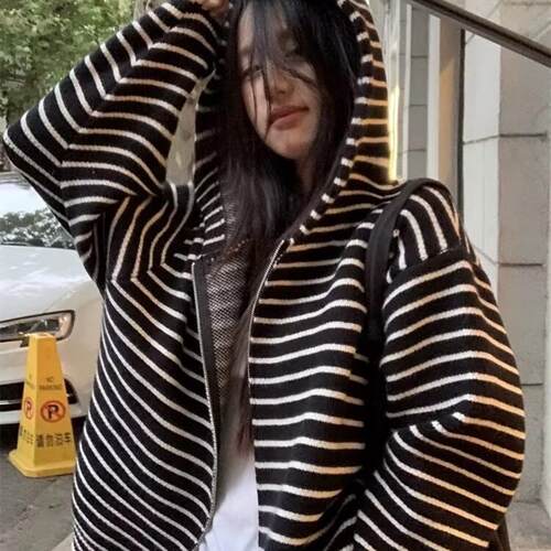100%山羊绒开衫女2026秋冬新款加厚宽松条纹连帽拉链针织毛衣外套 - 图0