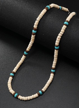 跨境欧美男士潮流天然椰壳手工串珠链条锁骨链波西米亚风男士