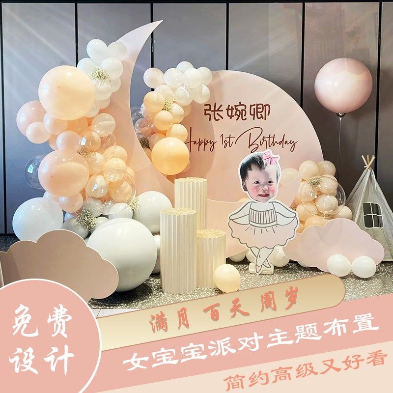 粉色系简约女宝宝满月百日宴生日布置装饰气球背景墙kt板定制套餐,淘宝优惠券,粉丝福利购,淘宝优惠卷