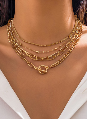 欧美跨境饰品 简约几何OT扣百搭手饰女 创意混搭镶钻圆珠多层手链