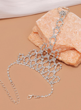 潮流新款镶钻手链饰品一体戒指女士百搭闪钻时尚新娘手链欧美