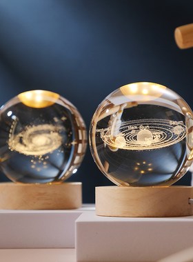 热销发光水晶球桌面摆件创意太阳系月球玻璃球装饰小夜灯新年生日
