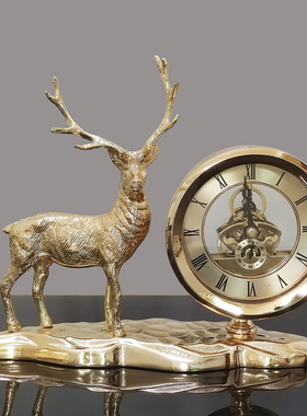 新中式座钟客厅钟表摆件家居饰品时钟摆台式创意现代轻奢全铜鹿