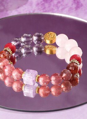 灵机【喜火】五路金爷草莓晶粉晶手链女 补火缺火红胶花水晶手串