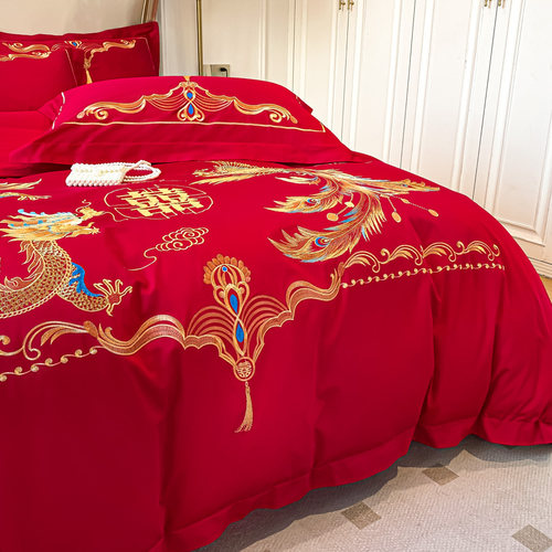 中式龙凤结婚四件套红色床单全棉高级感喜被婚庆床上用品 - 图2