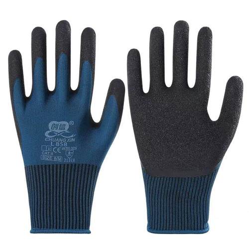 创信L858弹力手套劳保工作耐磨乳胶发泡透气防滑橡胶塑胶带胶手套 - 图3