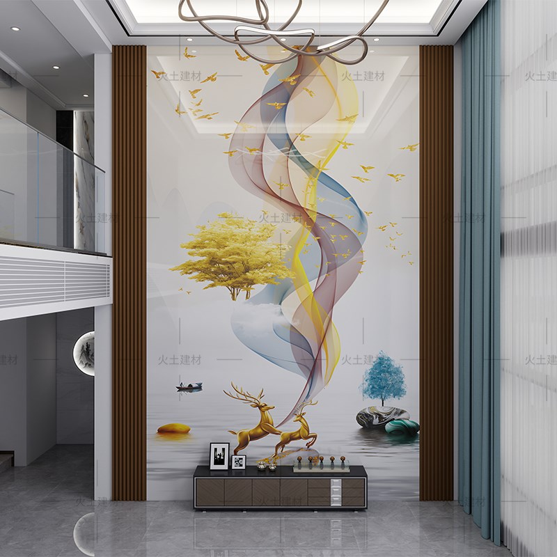 覆式楼高温微晶石岩板电视背景墙瓷砖大理石沙发装饰壁画客厅玄关 - 图1