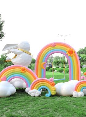 户外几何抽象卡通兔子摆件镂空云朵彩虹雕塑小区售楼处园林装饰品