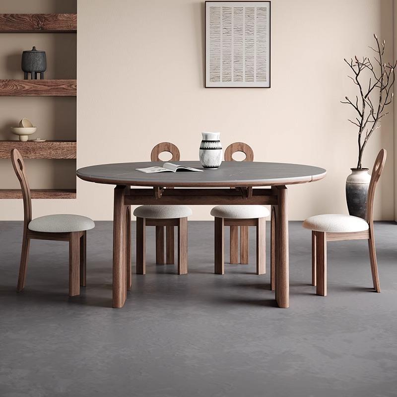 中古风折叠实木餐桌椅岩板2025新款美式法式伸缩方可变圆桌小户型 - 图1