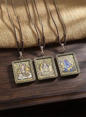 藏式唐卡八大守护生肖高端热贡黑金唐卡扎基拉姆本命佛嘎乌盒吊坠