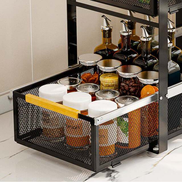 Multifunctional kitchen pull-out dishes storage rack iron mesh double-layer pull-out basket sink countertop drain bowl rack