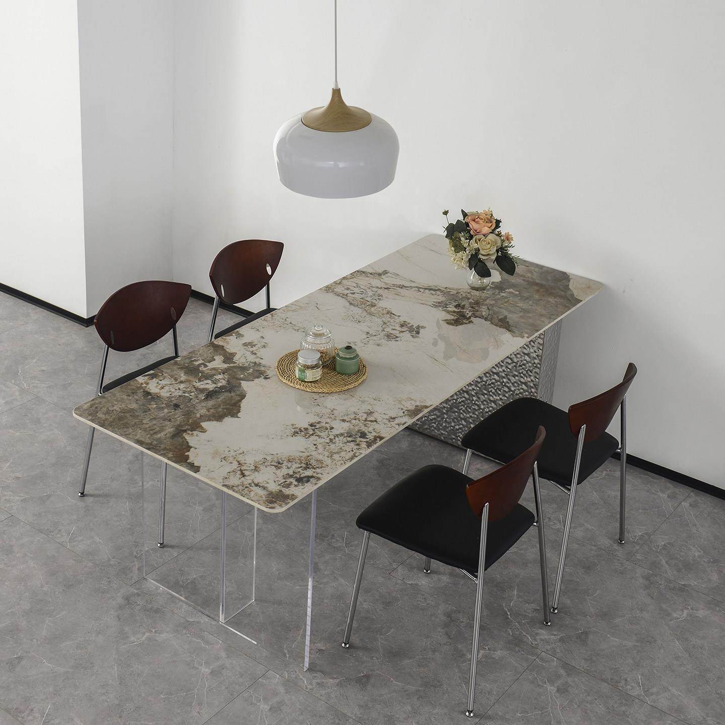 意式极简长方形岩板餐桌椅轻奢现代水波不锈钢压克力悬浮吃饭桌子,淘宝优惠券,粉丝福利购,淘宝优惠卷
