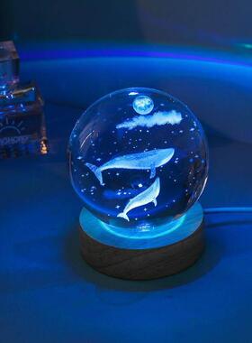 海洋水晶球桌面摆件小夜灯玻璃球卧室装饰品生日礼物送女生高级感