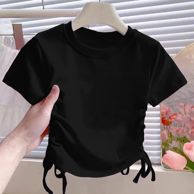 女童t恤短袖2025新款纯棉夏季装中大儿童高腰短款抽绳超好看上衣,淘宝优惠券,粉丝福利购,淘宝优惠卷