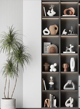 抽象艺术电视墙奶咖色雕塑摆件酒柜样板房间侘寂风装饰品组合套装