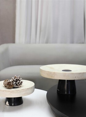 现代简约天然洞石大理石果盘摆件客厅茶几样板间玄关家居软装饰品