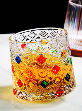 水晶玻璃杯带杯垫旋转杯不倒翁解压杯威士忌酒洋酒啤酒杯家用水杯