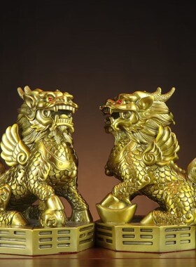 铜麒麟摆件一对纯铜麒麟八卦财富元宝公母麒麟家居客厅办公室装饰