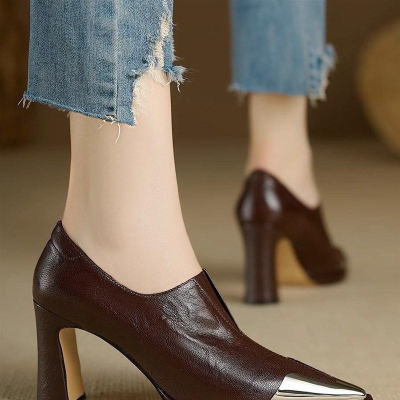 深口单鞋女尖头高跟鞋2024年秋季新款英伦风防撞金属头黑色小皮鞋,淘宝优惠券,粉丝福利购,淘宝优惠卷