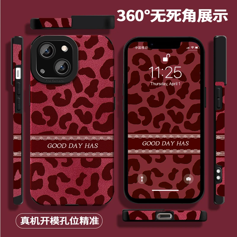 ins风秋冬酒红翻毛皮豹纹适用苹果16pro手机壳iPhone15max11华为mate60p70小米14k50荣耀100nova13x200reno12 - 图2