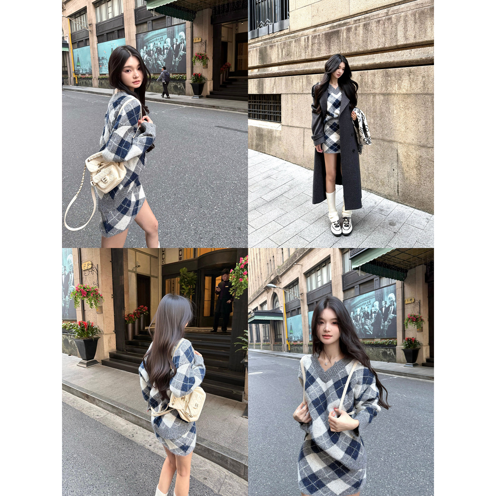 Joeyoo秋冬新款宽松设计感菱格针织套装女针织衫半身短裙两件套潮,淘宝优惠券,粉丝福利购,淘宝优惠卷