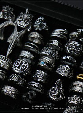 福祥福网红骷髅头十字架黑可调节开口戒指霸气潮酷男女摇滚蒸汽