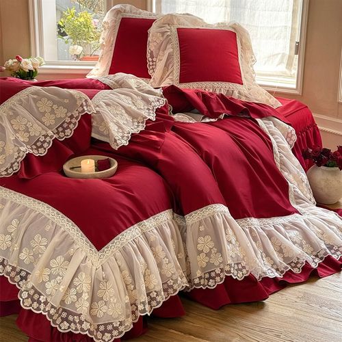 浪漫法式婚庆四件套蕾丝大花边红色结婚被套床裙边1.8米床上用品 - 图0