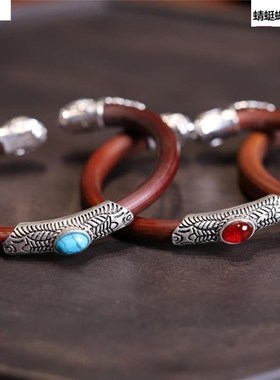 银饰西藏鸡血藤手镯戒指情侣款复G古民族风文玩饰品开口手镯