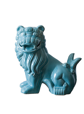 蓝色陶瓷狮子摆件工艺品新中式客厅书房家居软装饰品售楼处样板间