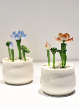 琉璃荷花小盆栽玻璃工艺品摆件创意家居饰品书桌面装饰品生日礼物