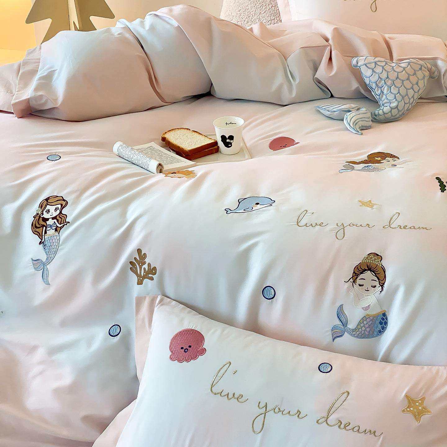 秋孩冬新品少女心美人鱼毛全棉瓷磨四件套儿童女575陶加厚床品三,淘宝优惠券,粉丝福利购,淘宝优惠卷
