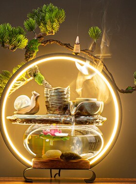 守淘人新中式流水摆件创意灯饰流水喷泉鱼缸流水S器办公室桌面摆