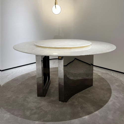 简奢圆形餐e桌带转盘卡里冰玉天然奢石现代简约大户型家用餐桌椅 - 图0