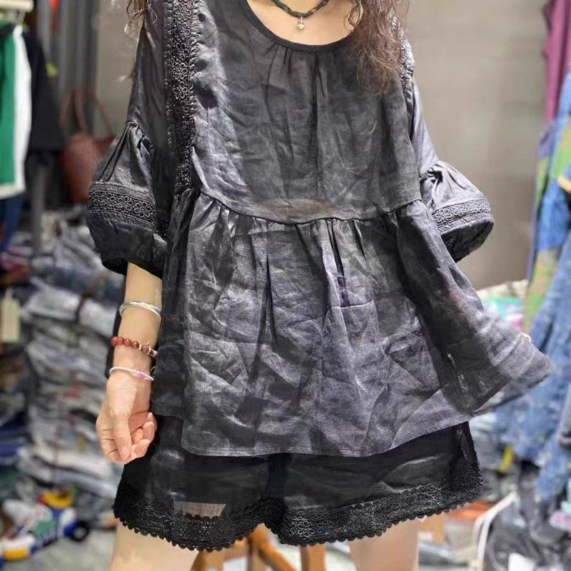 2024夏日系文艺轻薄苎麻清新小众设计减龄洋气娃娃款衬衫女套装,淘宝优惠券,粉丝福利购,淘宝优惠卷