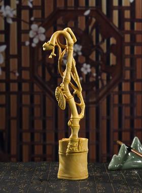 黄杨木雕一鸣惊人笔筒金蝉竹节新中式木质雕刻书房家居装饰摆件