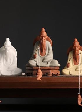 中式创意人物姜太公钓鱼陶瓷摆件客厅鱼缸水族布景假山造景装饰品