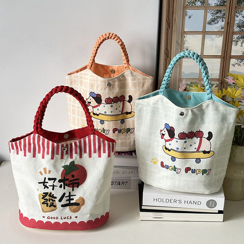 卡通帆布磁扣水桶包可折叠手提包通勤手拎包便携饭盒包学生便当包 - 图1