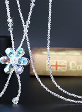 跨进电商水晶双层花毛衣链 时尚花瓣项链 气质水晶女百搭流苏吊坠