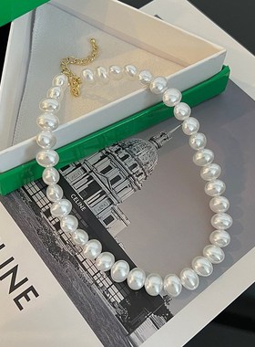 韩国轻奢小众设计感椭圆大珍珠项链新款锁骨链气质复古网红颈链女