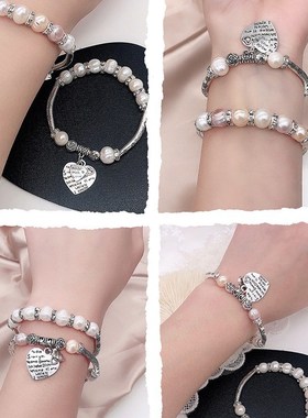 7-8mm淡水珍珠弹力绳珍珠手链 复古设计古银弯管爱心吊坠手串手环