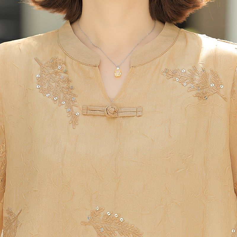 新中式妈妈夏装套装国风小衫2025新款中老年人夏季短袖雪纺上衣女,淘宝优惠券,粉丝福利购,淘宝优惠卷