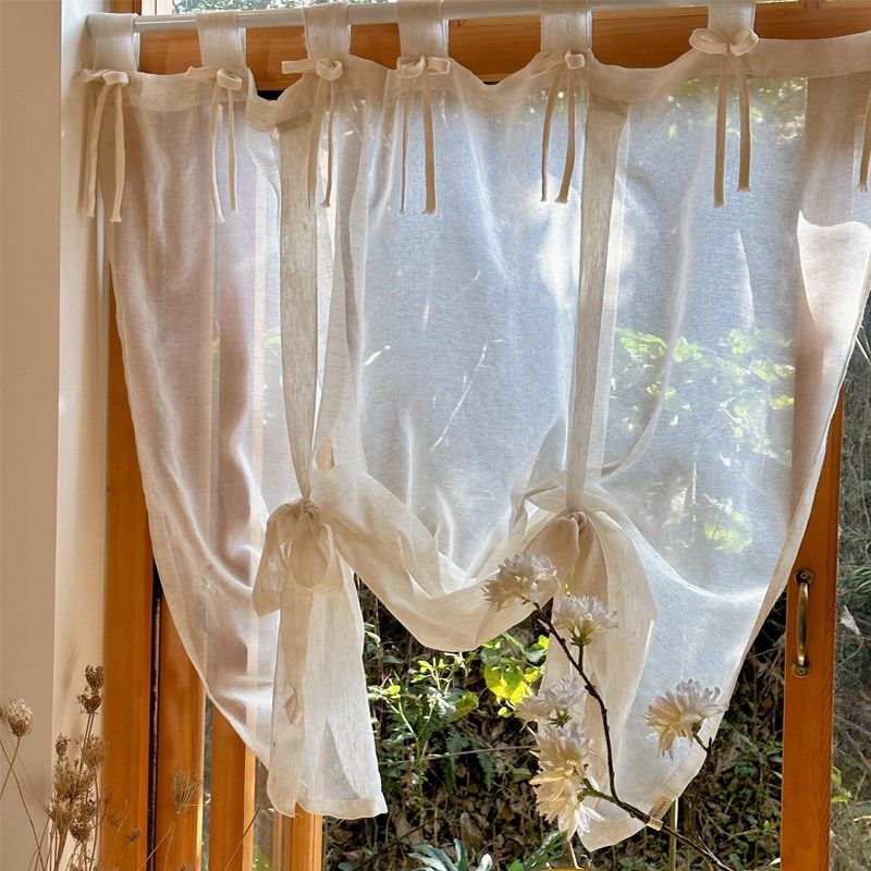 法式日式亚麻免打孔中古风衣帽间吊带款提拉帘书房侘寂风厨房窗帘,淘宝优惠券,粉丝福利购,淘宝优惠卷
