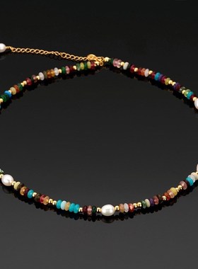 新款复古小众彩色高级感天然石串珠项链气质淡水珍珠锁骨链项饰女