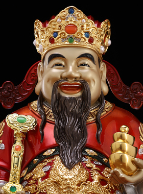 热销财神爷神像供奉摆件台湾纯铜聚宝盆财神爷佛像手工锦雕招财文